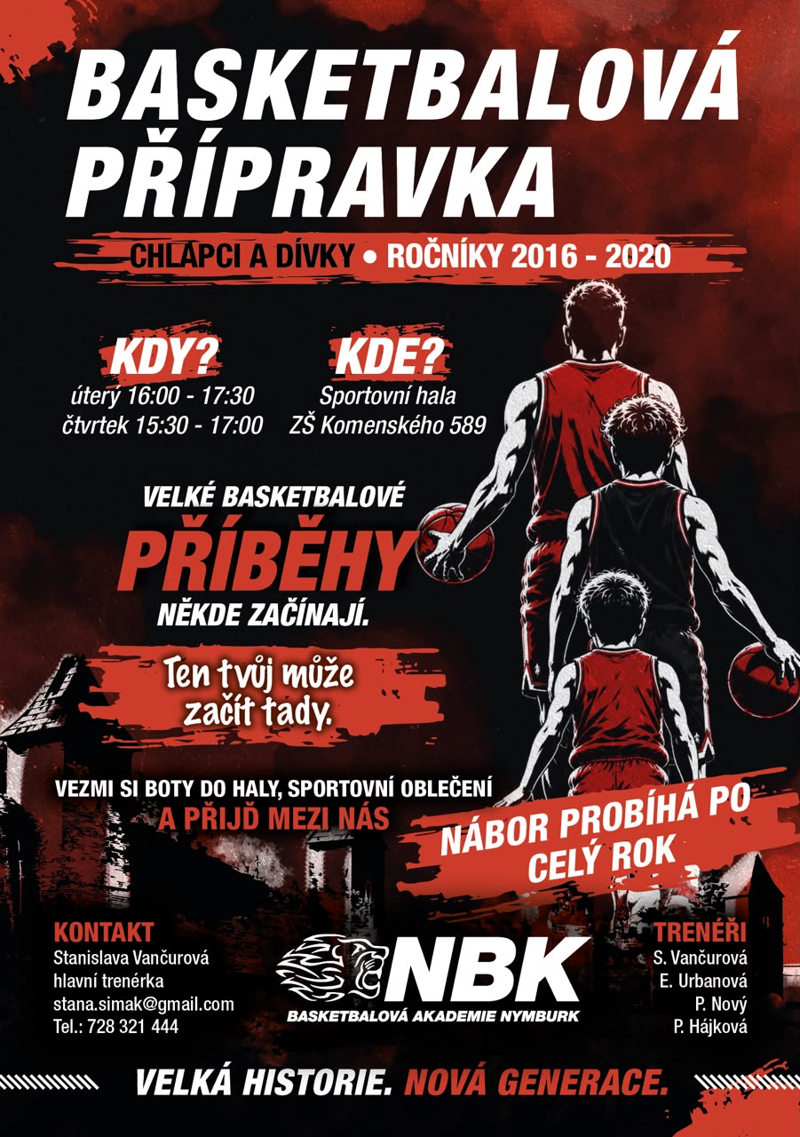 Náborový plakát Basketbalové akademie Nymburk pro chlapce a dívky