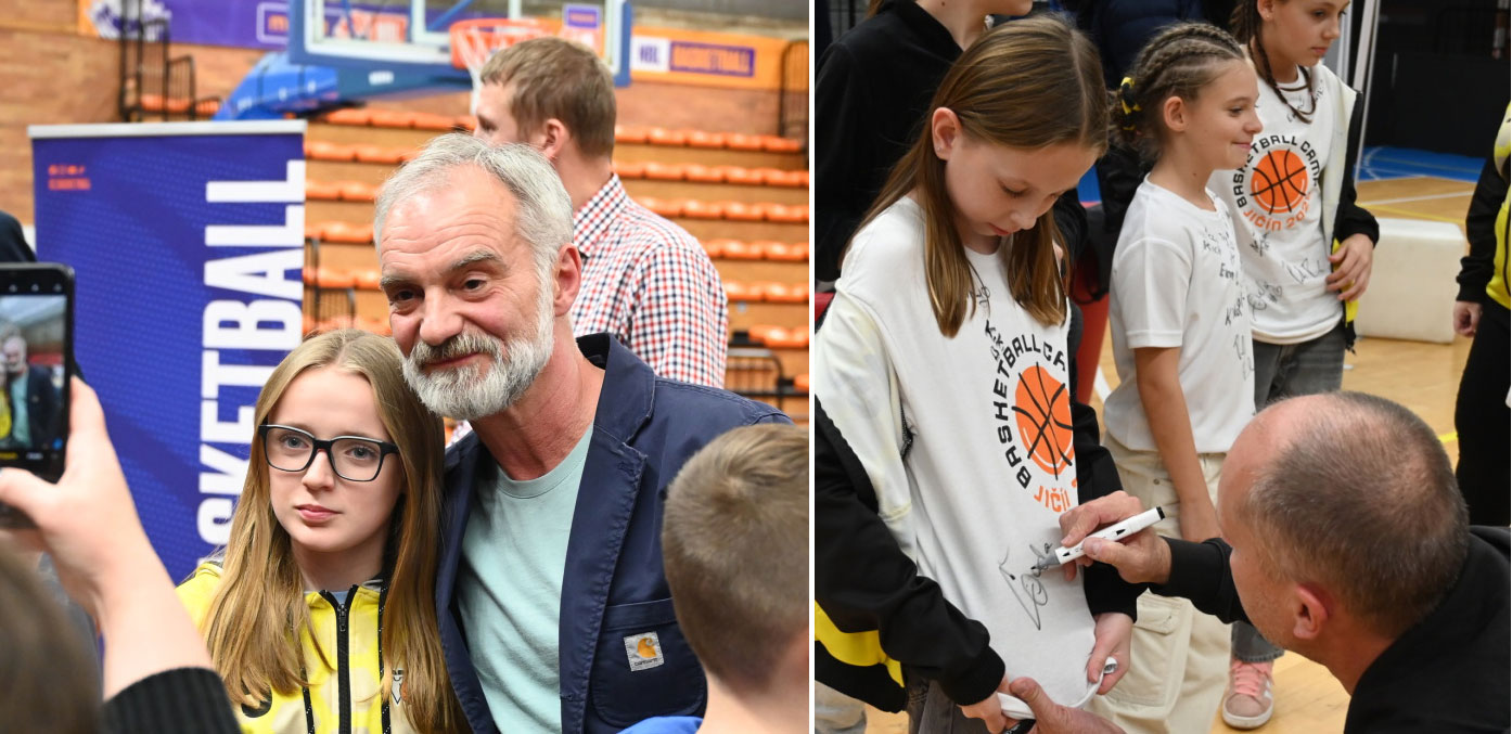 Děti se fotografují s Ivanem Trojanem a získávají podpisy hostů Bez faulu tour