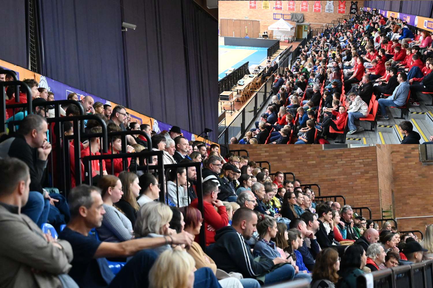 Zaplněná tribuna Sportovního centra Nymburk během diskuze Bez faulu
